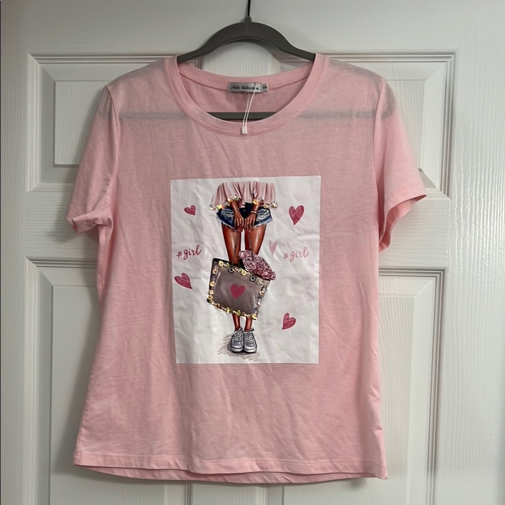 Nalie Collection Pink Graphic T-Shirt Size S/M Cute Girl Heart Print Casual Tee